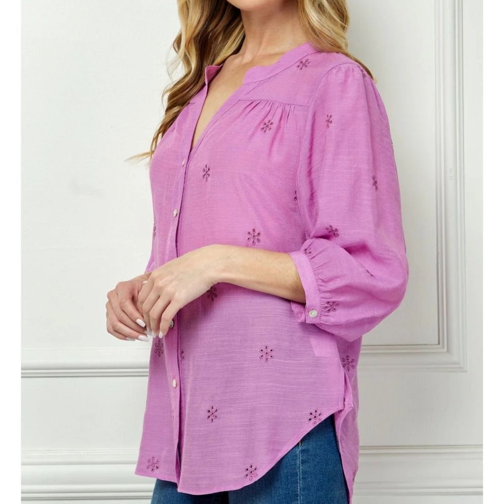 Anthro -1718 Figueroa & Flower Long Sleeve Button Front Yoke Neck Top Lavender S